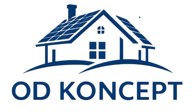 Powiększone logo "OD KONCEPT" w kolorze granatowym. Sygnet przedstawia budynek mieszkalny z wyraźnie zaznaczonymi panelami fotowoltaicznymi na dachu, a pod nim znajduje się nazwa marki w kapitalikach.
